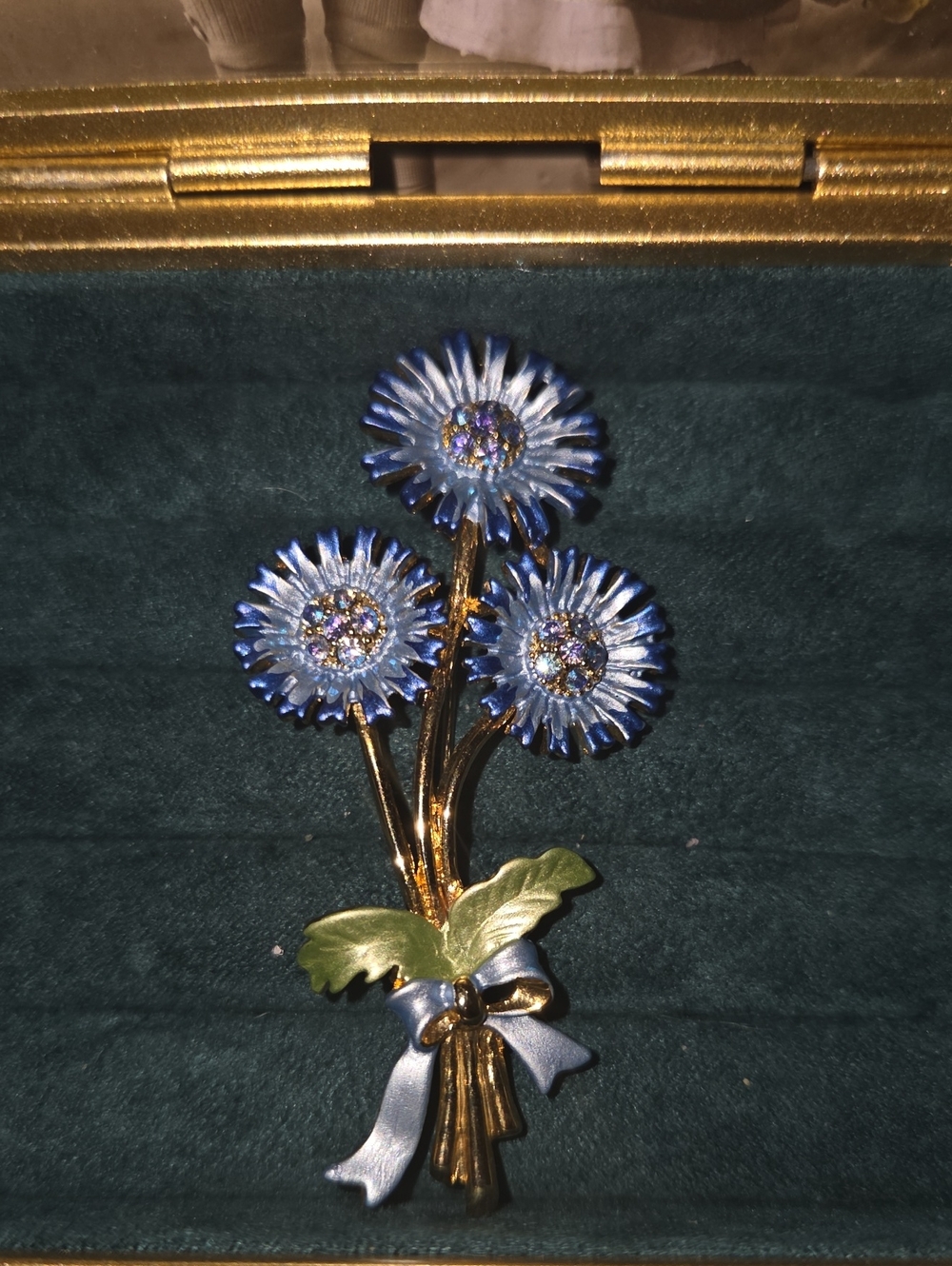 Vintage Gold-Tone Blue Flower Bouquet Brooch with Ribbon Accent